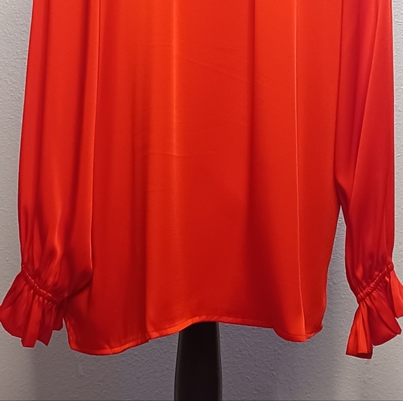 Jodifl Red Satin Ruffle Tie Neck Long-Sleeve Christmas Holiday Evening Blouse - Picture 6 of 11